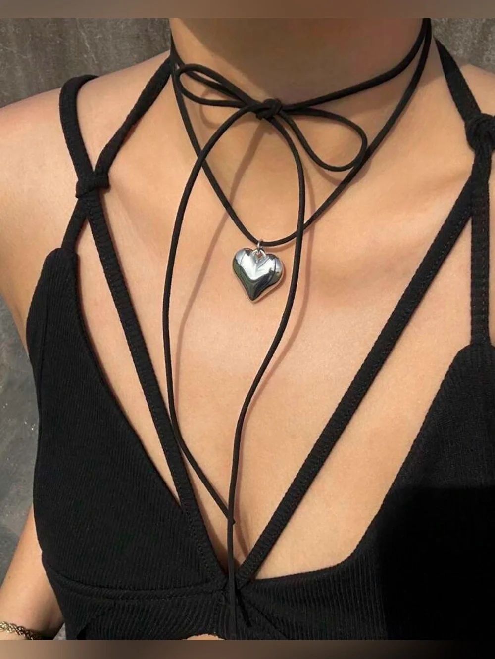 Black Wrap Necklace with Silver Heart Charm A2167